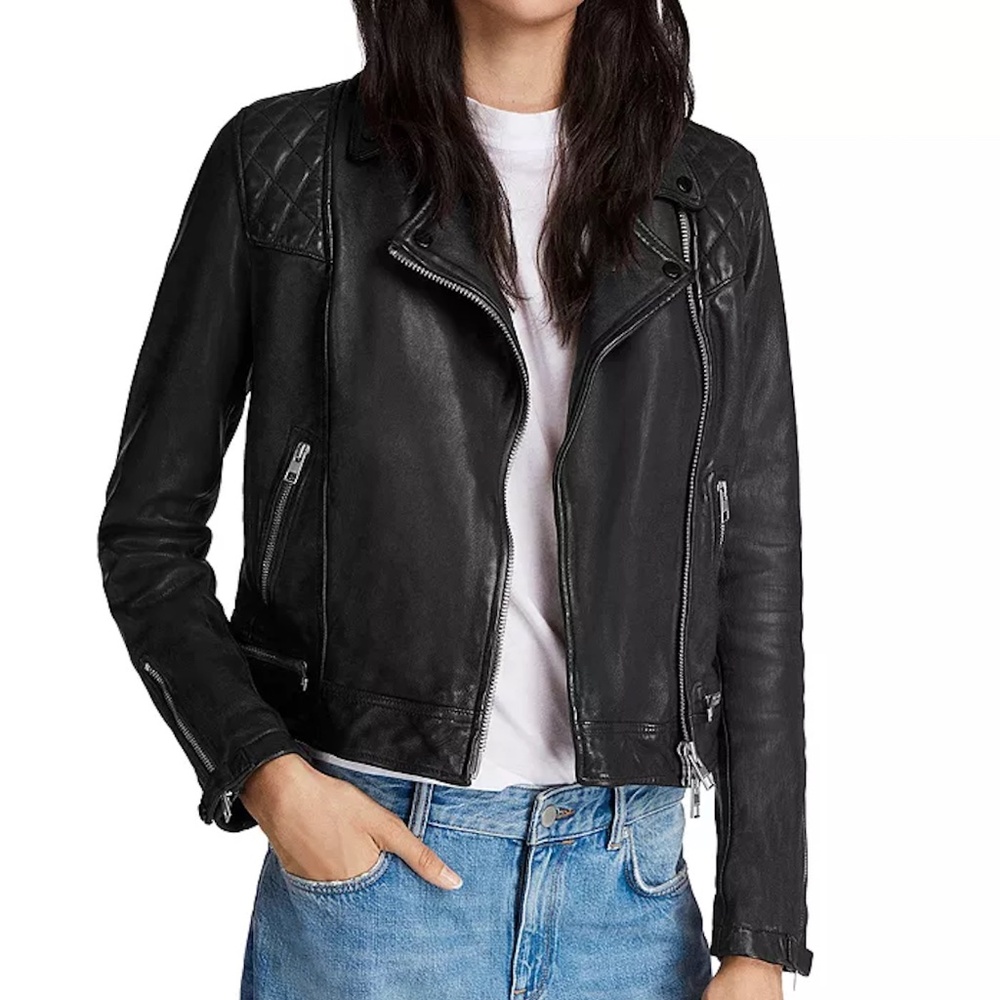 AllSaints Conroy Black Leather Moto Jacket US2